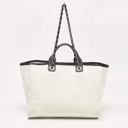 Chanel White/Navy Blue Raffia Large Deauville Shopper Tote
