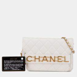 Chanel White Calfskin Enchained Flap Wallet on Chain