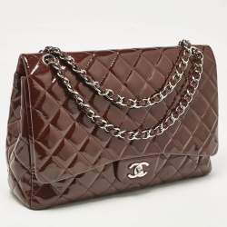 Pre Owned Chanel Burgundy Quilted Patent Leather Maxi Classic Single Flap Bag