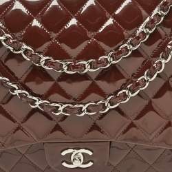 Pre Owned Chanel Burgundy Quilted Patent Leather Maxi Classic Single Flap Bag