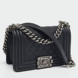 Pre Owned Chanel Black Quilted Caviar Leather Small Boy Flap Bag