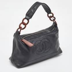 Pre Owned Chanel Black Leather Vintage CC Wood Chain Shoulder Bag