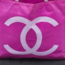 Pre Owned Chanel Pink Nylon Vintage CC Logo Shopper Tote