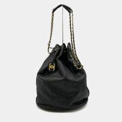 Chanel Black Lambskin Quilted Drawstring Bucket Bag