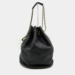 Chanel Black Lambskin Quilted Drawstring Bucket Bag