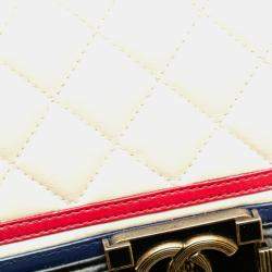 Pre Owned Chanel Black/White/Blue Lambskin Quilted Crest Embellished Medium Boy Flap Bag