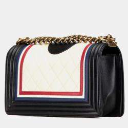 Pre Owned Chanel Black/White/Blue Lambskin Quilted Crest Embellished Medium Boy Flap Bag
