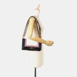 Pre Owned Chanel Black/White/Blue Lambskin Quilted Crest Embellished Medium Boy Flap Bag