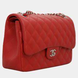 Pre Owned Chanel Red Quilted Lambskin Leather Jumbo Classic Double Flap Bag