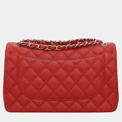 Pre Owned Chanel Red Quilted Lambskin Leather Jumbo Classic Double Flap Bag