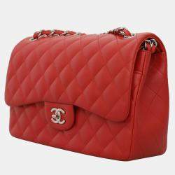 Pre Owned Chanel Red Quilted Lambskin Leather Jumbo Classic Double Flap Bag