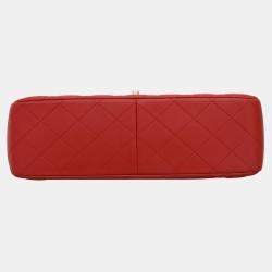 Pre Owned Chanel Red Quilted Lambskin Leather Jumbo Classic Double Flap Bag