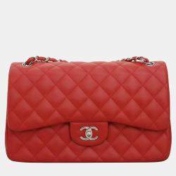 Pre Owned Chanel Red Quilted Lambskin Leather Jumbo Classic Double Flap Bag