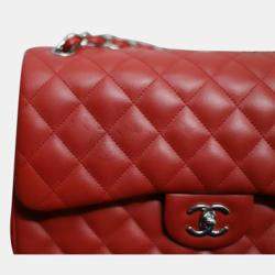 Pre Owned Chanel Red Quilted Lambskin Leather Jumbo Classic Double Flap Bag