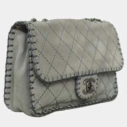 Chanel Grey Suede Whipstitch Medium Flap Bag