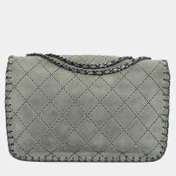 Chanel Grey Suede Whipstitch Medium Flap Bag