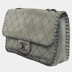 Chanel Grey Suede Whipstitch Medium Flap Bag