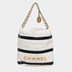 Pre Owned Chanel White Lambskin Leather Mini 22 Stripes Bag
