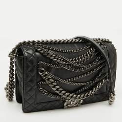 Pre Owned Chanel Black Leather Enchained New Medium Boy Flap Bag