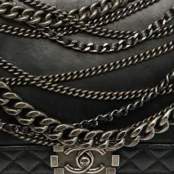 Pre Owned Chanel Black Leather Enchained New Medium Boy Flap Bag