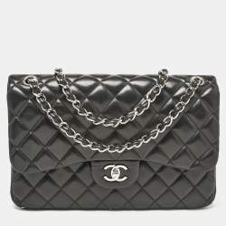 Pre Owned Chanel Black Quilted Leather Jumbo Classic Double Flap Bag