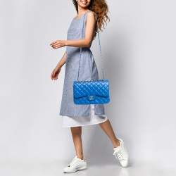 Pre Owned Chanel Blue Quilted Leather Jumbo Classic Double Flap Bag