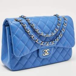 Pre Owned Chanel Blue Quilted Leather Jumbo Classic Double Flap Bag