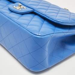 Pre Owned Chanel Blue Quilted Leather Jumbo Classic Double Flap Bag