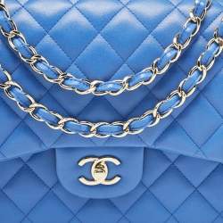 Pre Owned Chanel Blue Quilted Leather Jumbo Classic Double Flap Bag