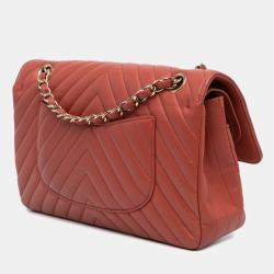 Pre Owned Chanel Orange Medium Classic Chevron Lambskin Double Flap Shoulder Bag