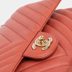 Pre Owned Chanel Orange Medium Classic Chevron Lambskin Double Flap Shoulder Bag