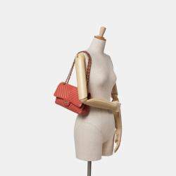 Pre Owned Chanel Orange Medium Classic Chevron Lambskin Double Flap Shoulder Bag