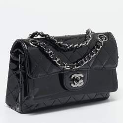Pre Owned Chanel Black Quilted Patent Leather Small Double Flap Bag
