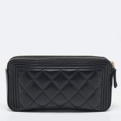 Chanel Black Quilted Leather Boy Double Zip Wallet On Chain