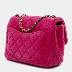 Pre Owned Chanel Pink Mini Square Classic Velvet Pearl Crush Single Flap Shoulder Bag