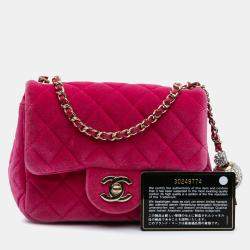 Pre Owned Chanel Pink Mini Square Classic Velvet Pearl Crush Single Flap Shoulder Bag