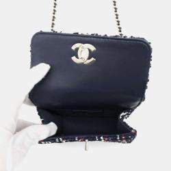Chanel Navy Tweed Lambskin Matelasse Chain Shoulder Bag