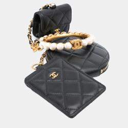 Chanel Black Lambskin Pearl Crown CC Wristlet Multi Pouches Bag