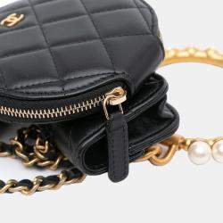 Chanel Black Lambskin Pearl Crown CC Wristlet Multi Pouches Bag