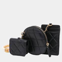 Chanel Black Lambskin Pearl Crown CC Wristlet Multi Pouches Bag