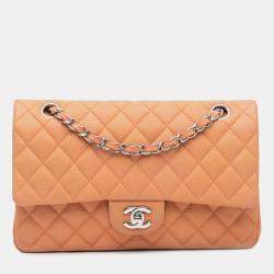 Pre Owned Chanel Orange Medium Classic Caviar Double Flap Bag