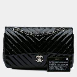 Pre Owned Chanel Black Medium Classic Chevron Patent Double Flap Bag