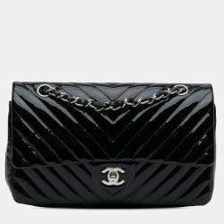 Pre Owned Chanel Black Medium Classic Chevron Patent Double Flap Bag