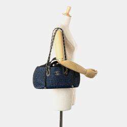 Pre Owned Chanel Blue CC Straw and Caviar Satchel Bag