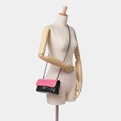 Pre Owned Chanel Black Pink Mini Rectangular Bicolor Patent Leather Flap Bag