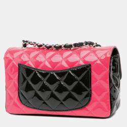 Pre Owned Chanel Black Pink Mini Rectangular Bicolor Patent Leather Flap Bag