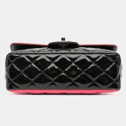 Pre Owned Chanel Black Pink Mini Rectangular Bicolor Patent Leather Flap Bag