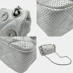 Pre Owned Chanel Silver Leather Perforated Chain Shoulder Bag