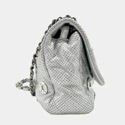 Pre Owned Chanel Silver Leather Perforated Chain Shoulder Bag