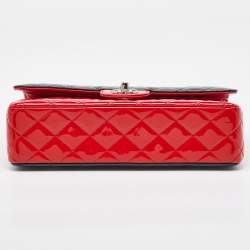 Pre Owned Chanel Black/Red Quilted Patent Leather Medium Classic Double Flap Bag